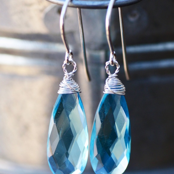 Wire Wrapped Swiss Blue Topaz Earrings Sterling Silver , December Birthstone - Picture 6 of 8